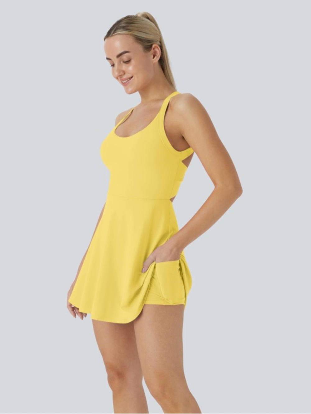 Halara SoftlyZero Airy Backless Twisted Cool Touch Active Dress EasyPeezy Yellow